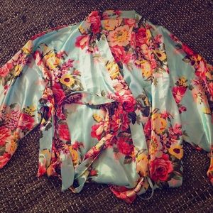 Silky Blue Floral Kimono Robe with Tie